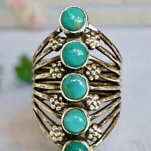Five Stone Kingman Turquoise Flower Sterling Ring Size 9.25